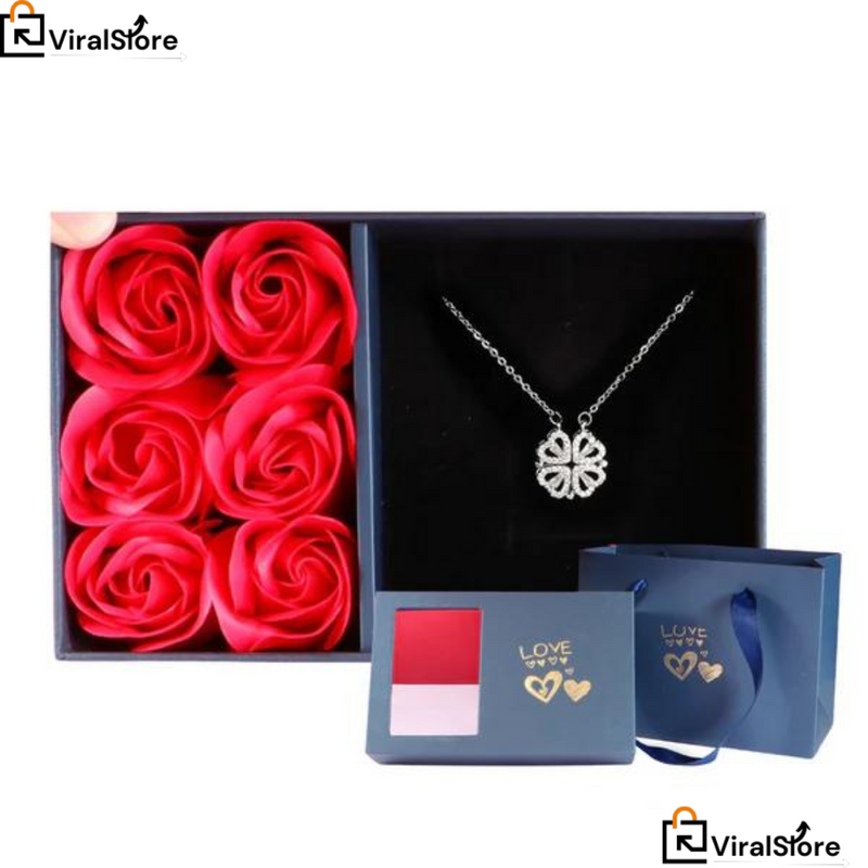 Colar Trevo de Coração 2 em 1 + Caixa com 6 Rosas - PROMOÇÃO DIA DOS NAMORADOS