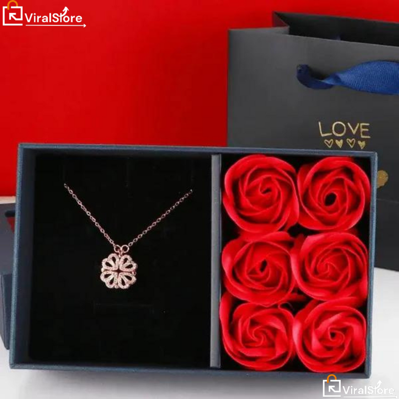 Colar Trevo de Coração 2 em 1 + Caixa com 6 Rosas - PROMOÇÃO DIA DOS NAMORADOS